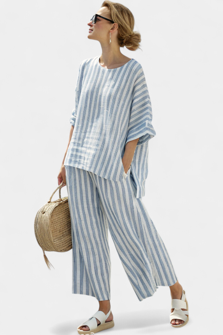 Rensleigh | Top de lino azul a rayas sofisticado y pantalones relajados