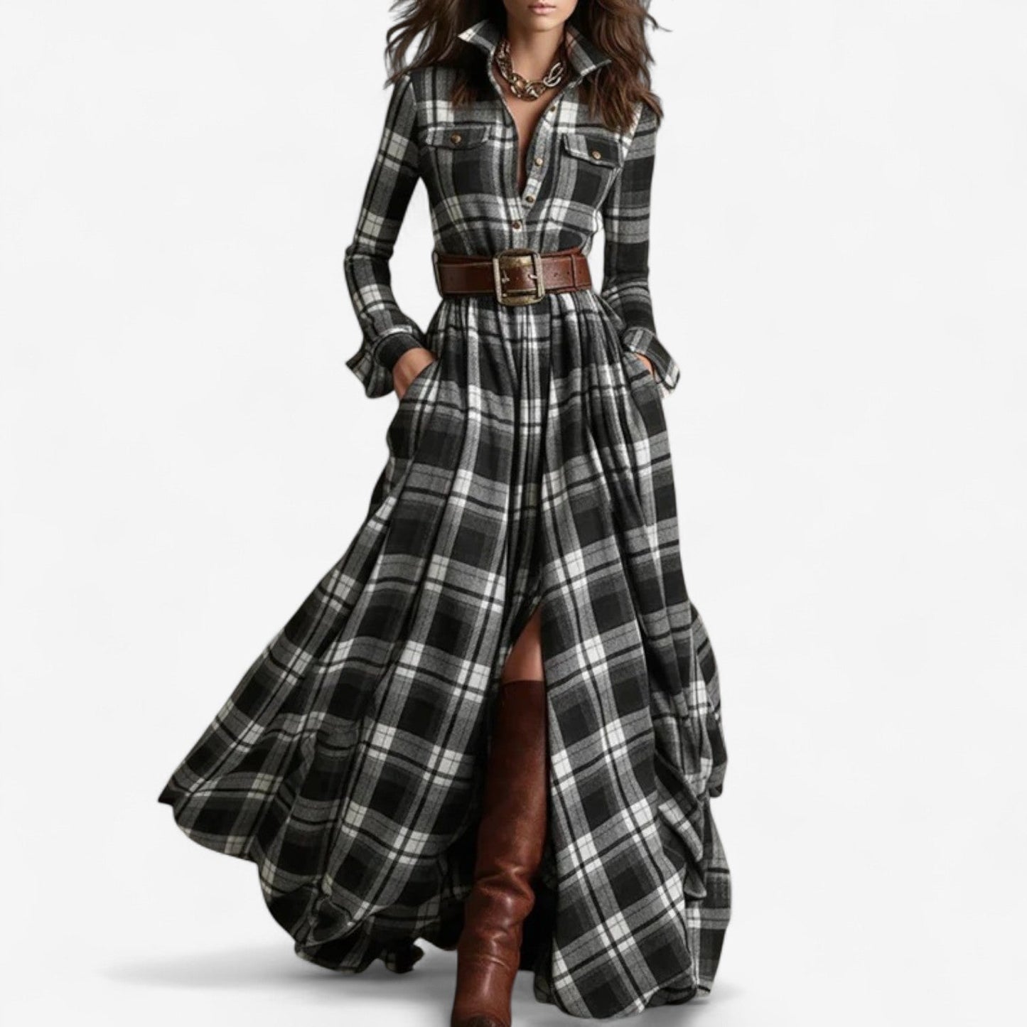 Vestido Maxi a Cuadros Atemporal - Elegancia Rústica y Refinada