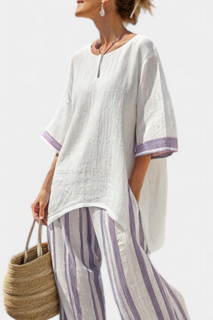 Luxmere | Blusa Relajada y Cómoda & Pantalones de Bambú Rayados