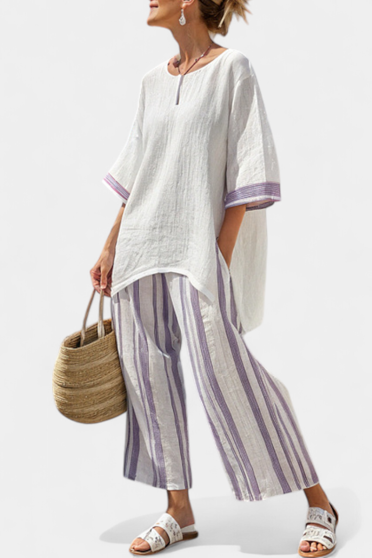 Luxmere | Blusa Relajada y Cómoda & Pantalones de Bambú Rayados