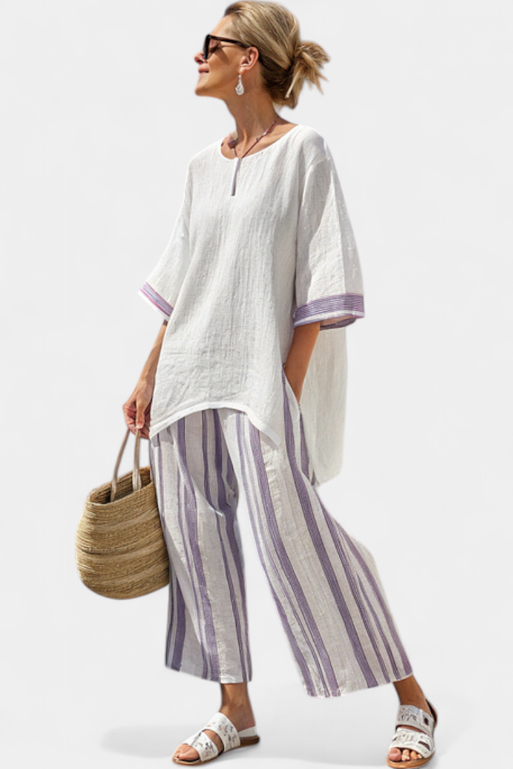 Luxmere | Blusa Relajada y Cómoda & Pantalones de Bambú Rayados