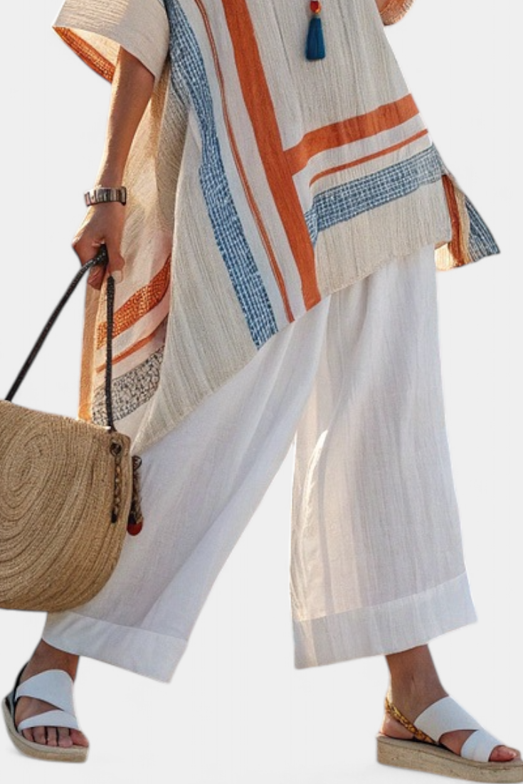 Caevan | Blusa Asimétrica Sofisticada y Pantalones de Lino de Pierna Ancha
