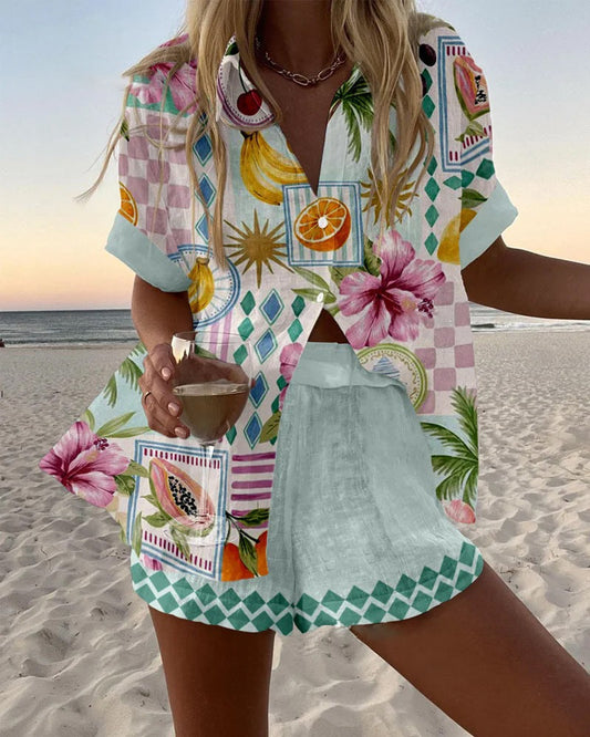 Maevin - Conjunto Corto de Lino con Estampado de Frutas