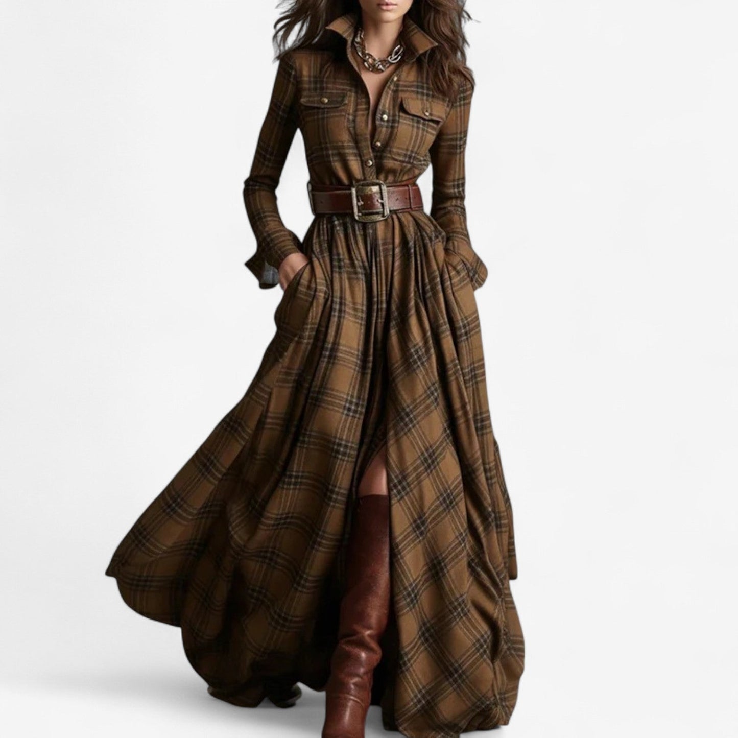 Vestido Maxi a Cuadros Atemporal - Elegancia Rústica y Refinada