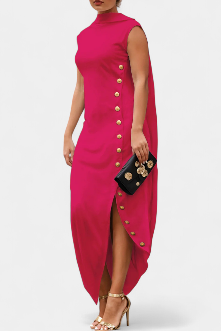 Aphrodite Vestido Asimétrico con Botones Dorados Decorativos