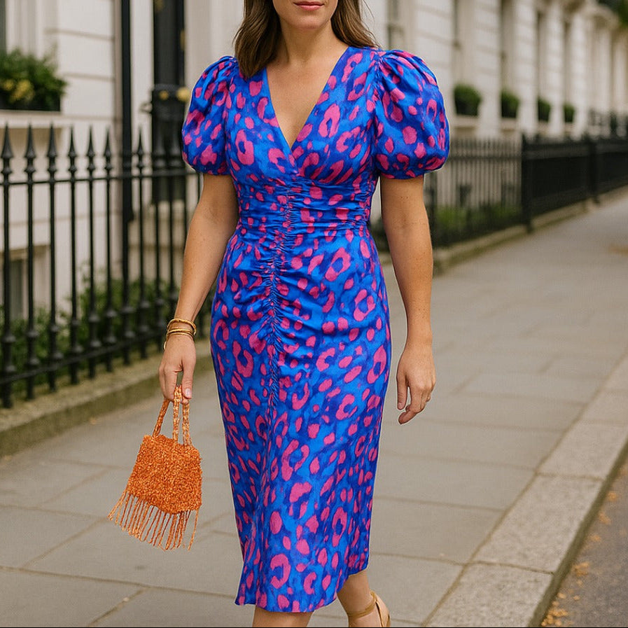 Robe Midi Elegante con Mangas Voluminosas