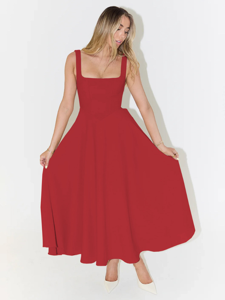 Robe Midi Elegante con Escote Cuadrado - Corte Flattering Sin Tiempo