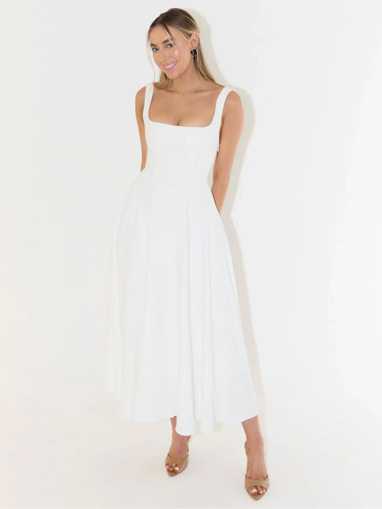 Robe Midi Elegante con Escote Cuadrado - Corte Flattering Sin Tiempo
