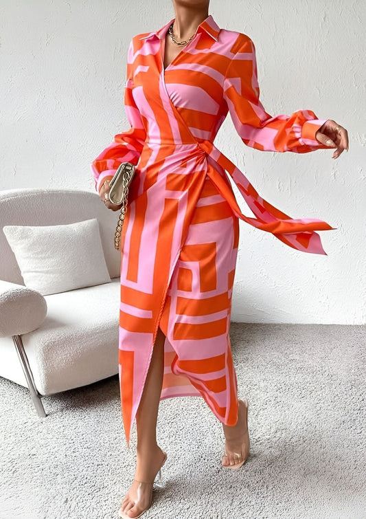 Olivia – Vestido Camisero Impreso que Ajusta la Cintura
