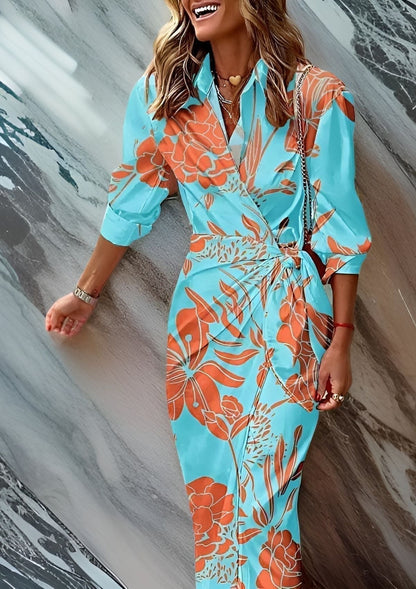Olivia – Vestido Camisero Impreso que Define la Cintura