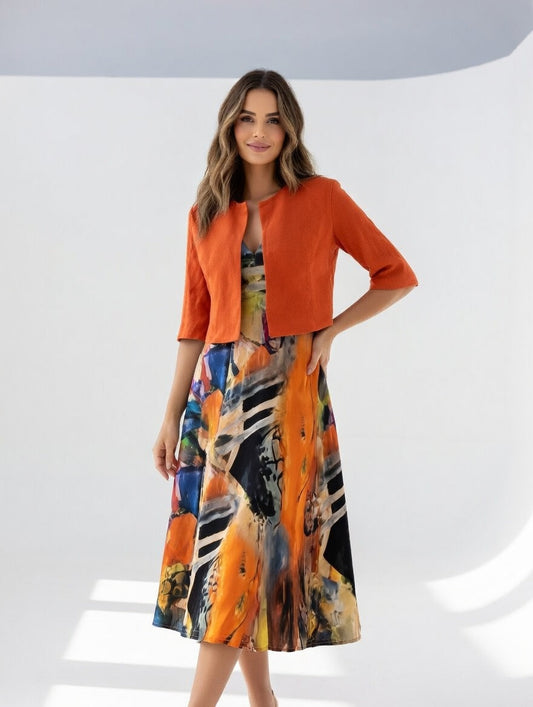 Vestido Midi Fluido con Bolero - Estampado Artístico Elegante