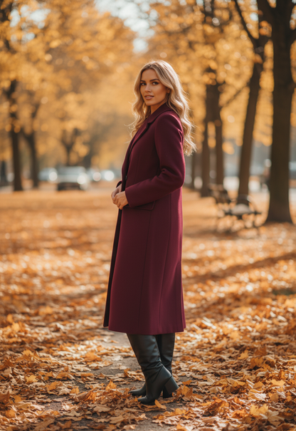 Abrigo Stephanie – Elegante chaqueta de invierno larga color burdeos.