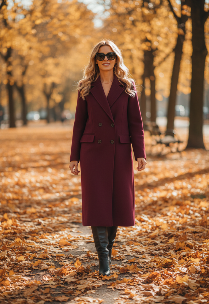 Abrigo Stephanie – Elegante chaqueta de invierno larga color burdeos.