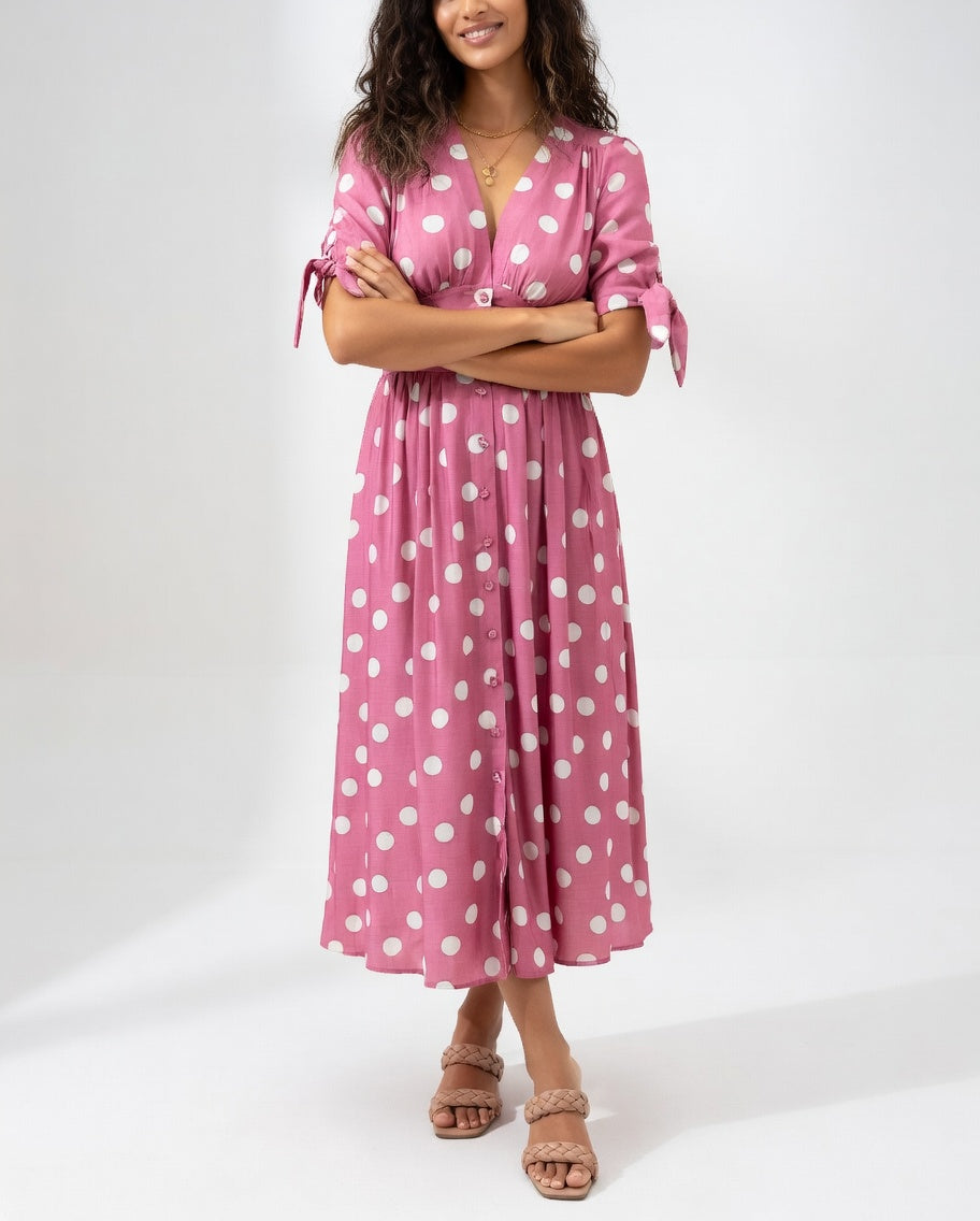 Vestido Midi de Lunares - Elegancia Atemporal para Mujer
