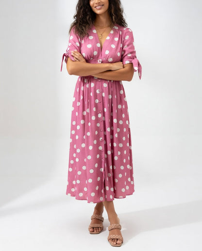 Vestido Midi de Lunares - Elegancia Atemporal para Mujer