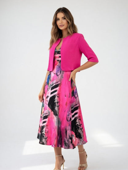 Vestido Midi Fluido con Bolero - Estampado Artístico Elegante