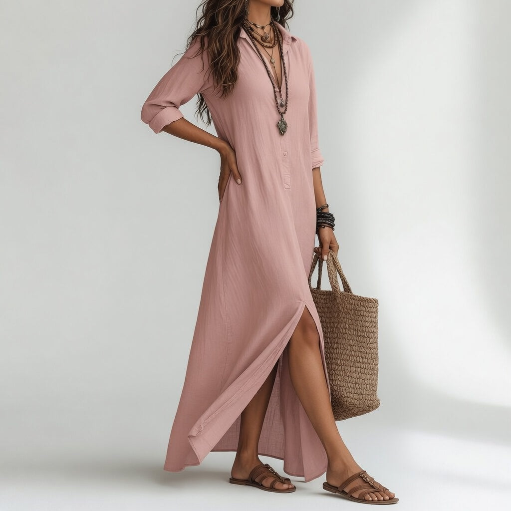 Vestido largo de camisa oversize bohemio - Algodón puro fluido y atemporal