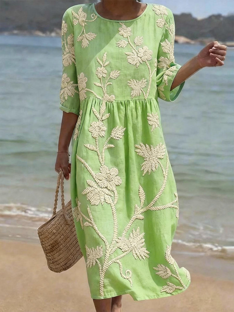 Vestido Midi Fluido con Bordados Florales - Colección Vintage Elegante