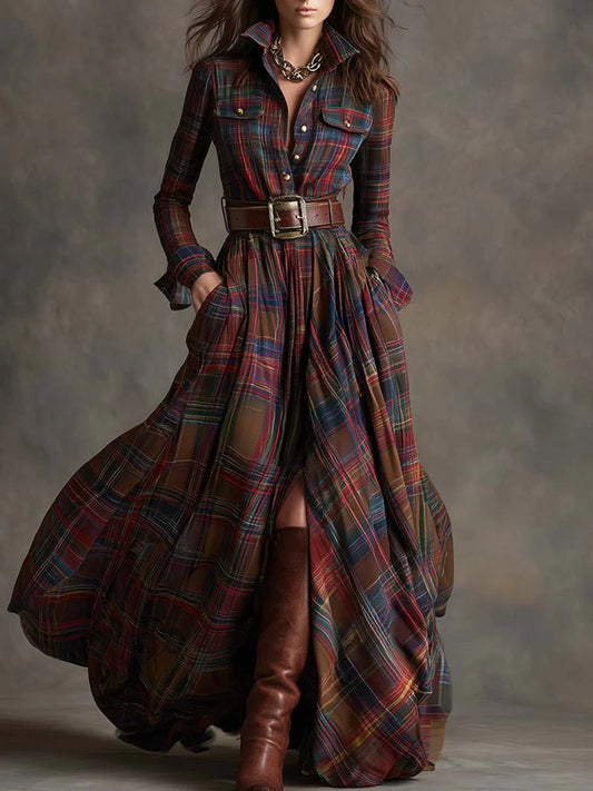 Beatriz | Vestido Largo De Cuadros Con Cinturón