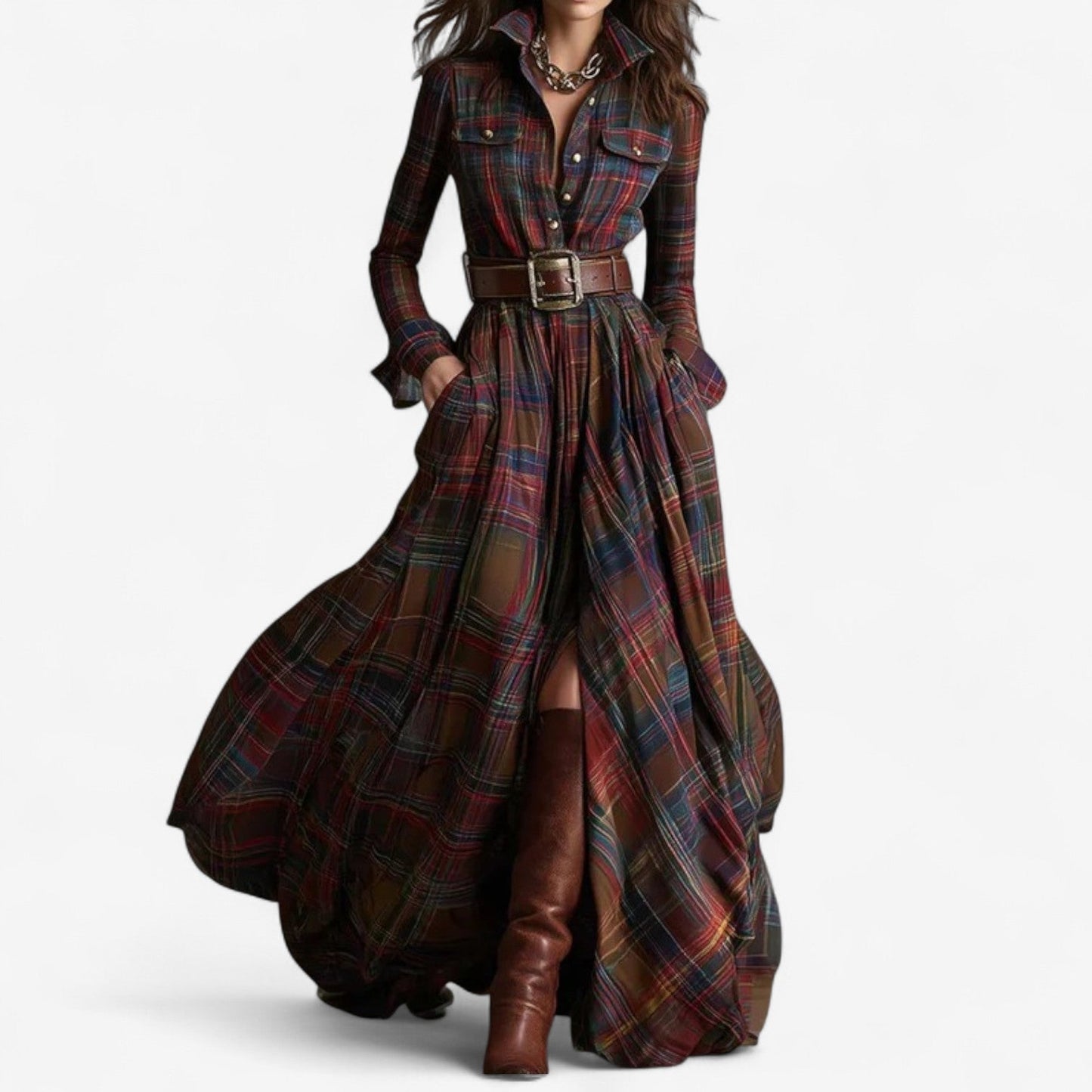 Vestido Maxi a Cuadros Atemporal - Elegancia Rústica y Refinada