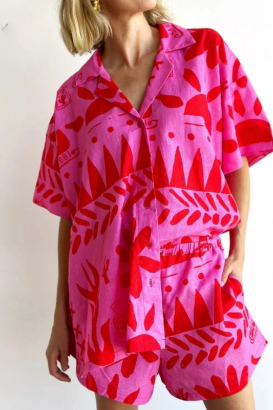 CORALIE – CONJUNTO DE CAMISA Y PANTALONES CORTOS VINTAGE GRAFFITI DE 2 PIEZAS