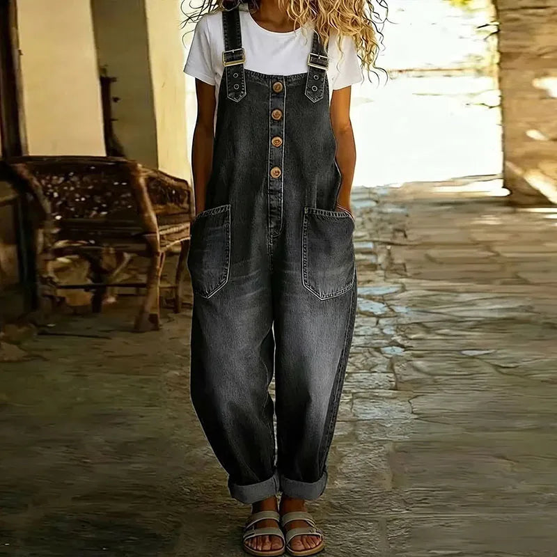 Mara - Pantalón Salopette de Look Denim Vintage en Algodón Suave con Tirantes Ajustables