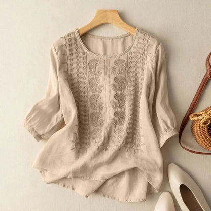 Aurora – Blusa Relajada Bordada (Algodón y Lino)