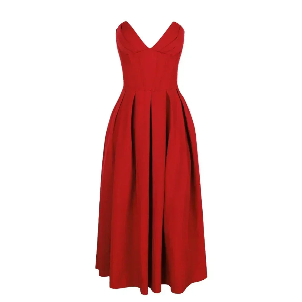 Aria – Elegante Vestido Midi Plisado Sin Tirantes