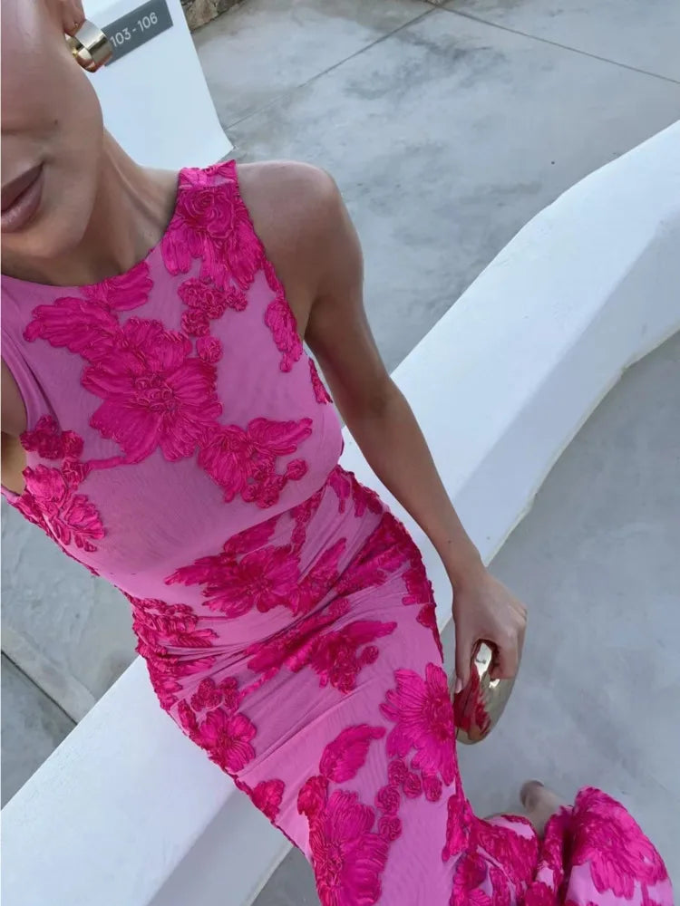Calliope - Vestido Maxi de Malla con Apliques Florales