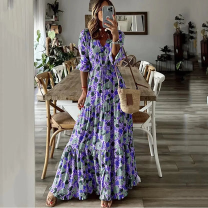 Liora | Vestido Maxi de Corte A con Estampado y Escote en V