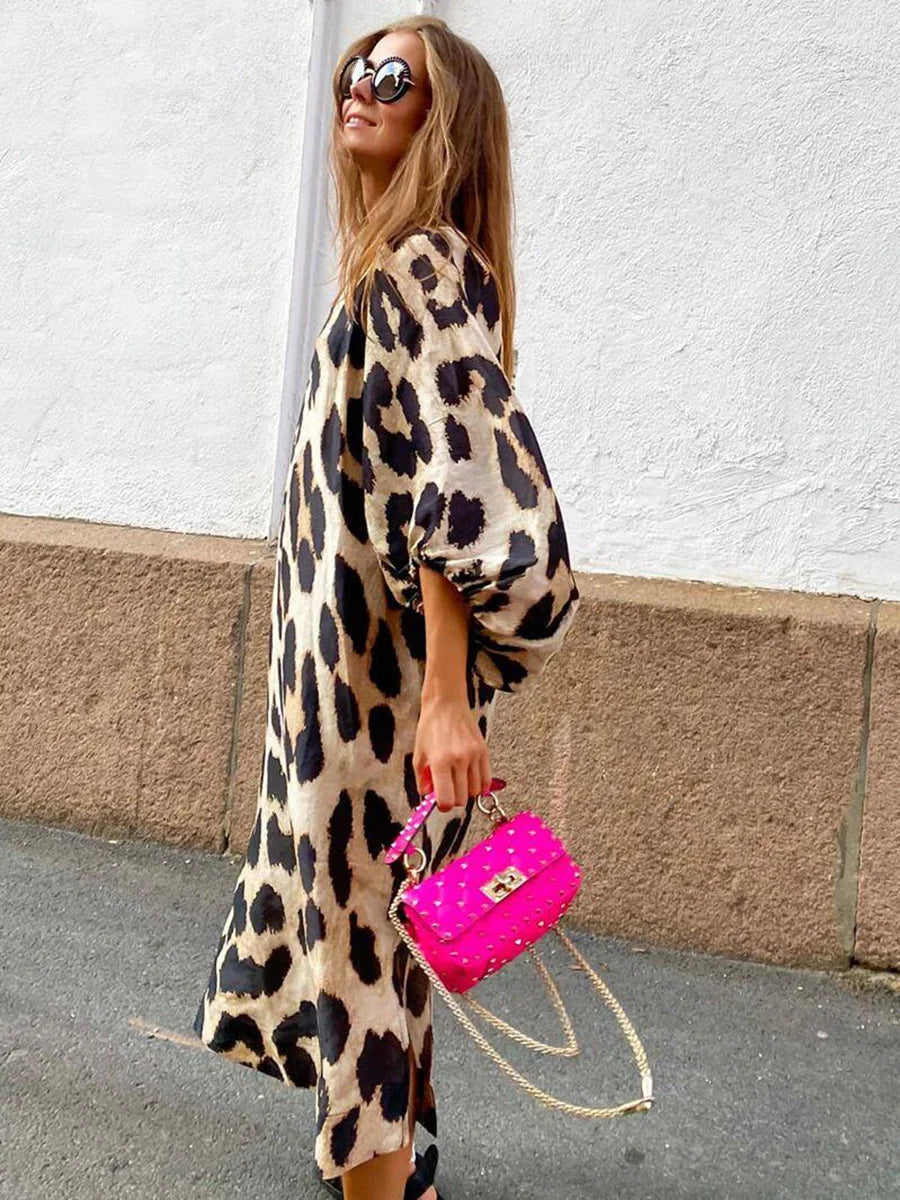 Zarina | Vestido Maxi de Cuello en V con Estampado de Leopardo