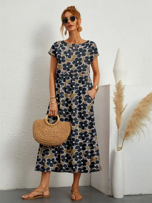 Hannah™ - Vestido impreso con cuello O y bolsillos