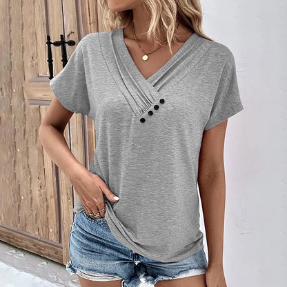 Maya - Camiseta de Cuello en V con Botones Acanalada