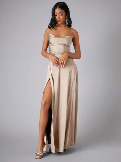 Vestido Maxi de Noche con Tirantes de Espagueti para Mujeres con Alta Rendija