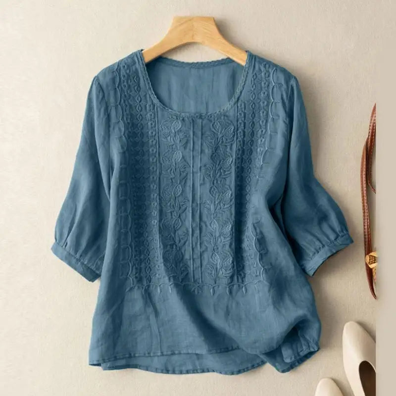 Aurora – Blusa Relajada Bordada (Algodón y Lino)