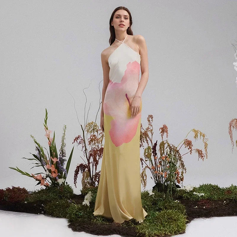 Ismena - Elegante Vestido Maxi Floral con Cuello Asimétrico