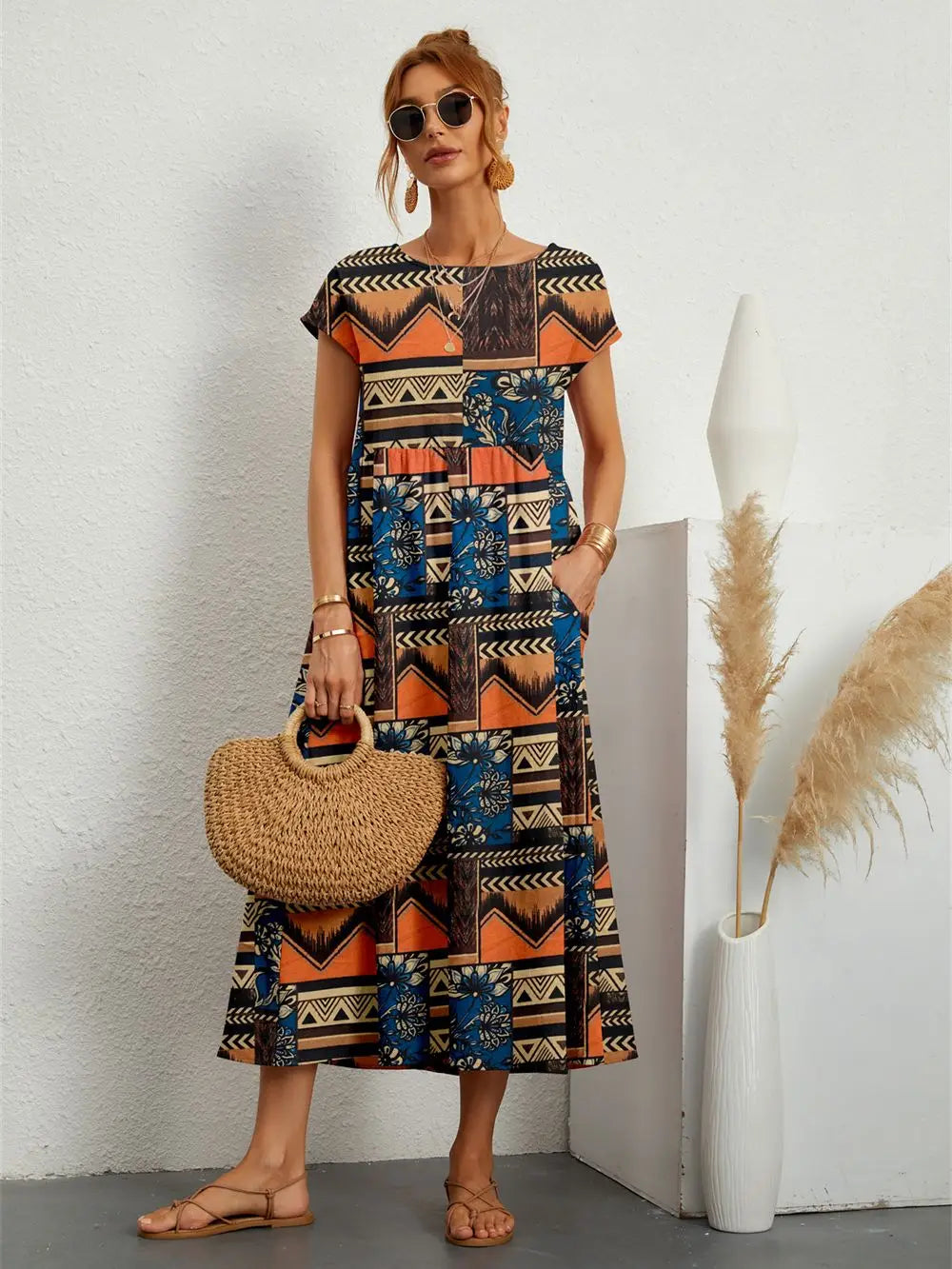 Hannah™ - Vestido impreso con cuello O y bolsillos