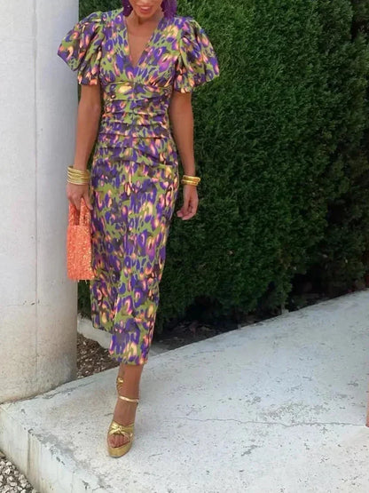 Robe Midi Elegante con Mangas Voluminosas