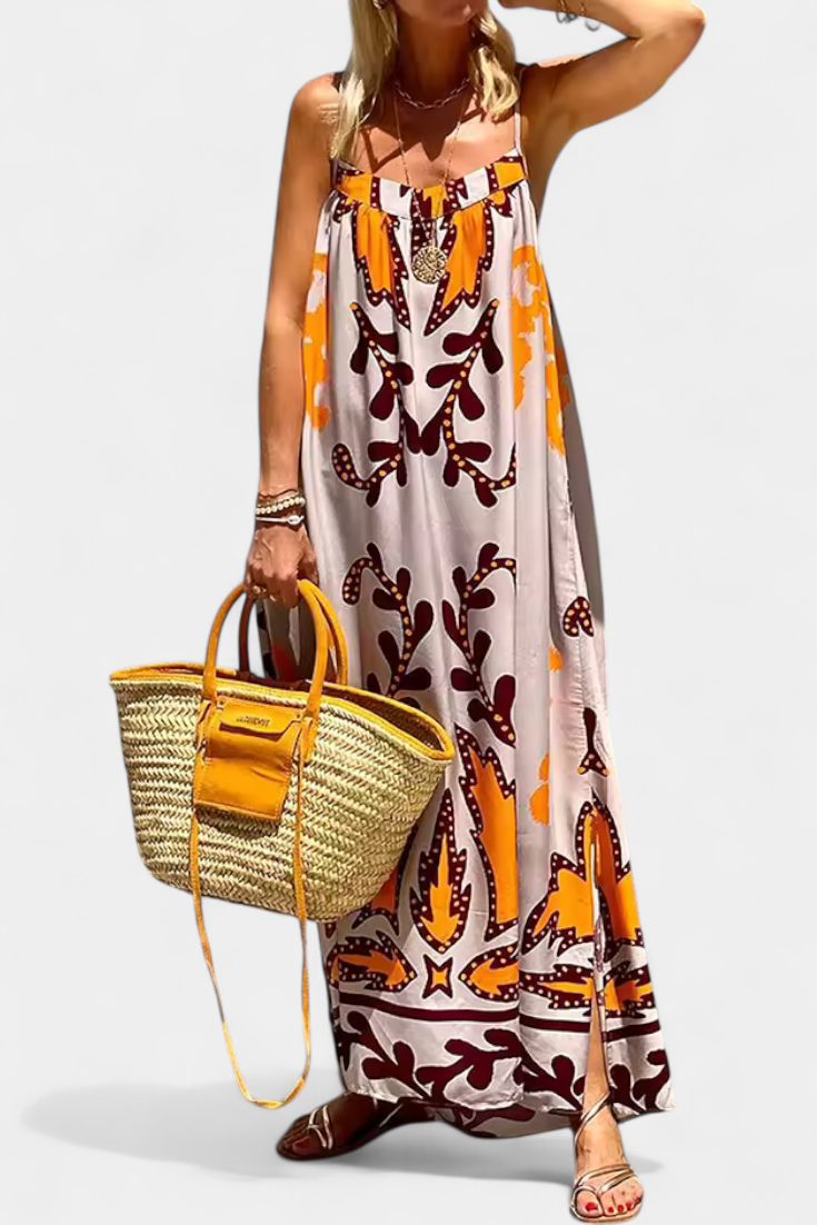 Vilma Vestido con Estampado Tropical y Espalda Descubierta