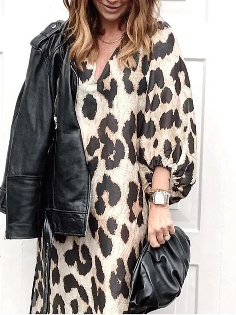 Zarina | Vestido Maxi de Cuello en V con Estampado de Leopardo