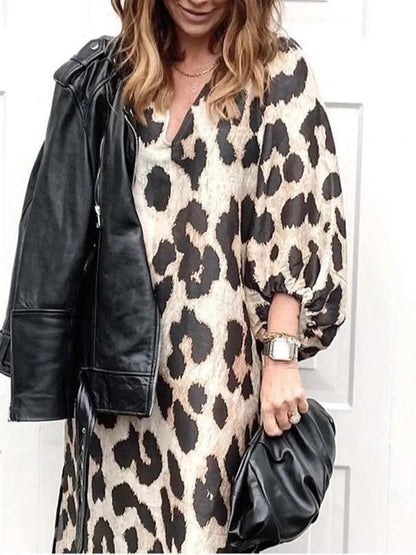Zarina | Vestido Maxi de Cuello en V con Estampado de Leopardo