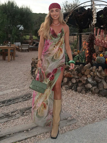 Alouette - Vestido Floral Impreso Sin Espalda con Abertura Lateral
