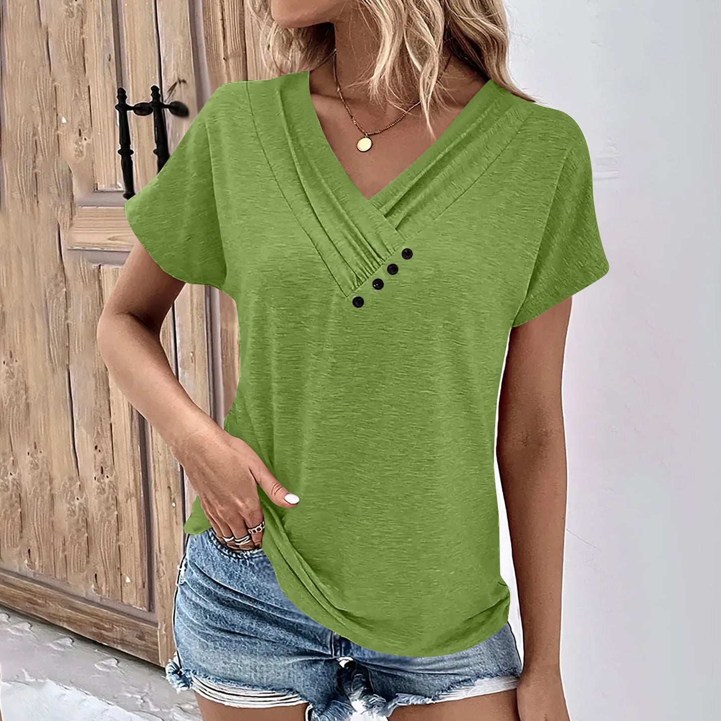 Maya - Camiseta de Cuello en V con Botones Acanalada