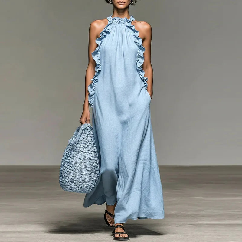 Vestido Largo Bohemio con Cuello Halter y Volantes