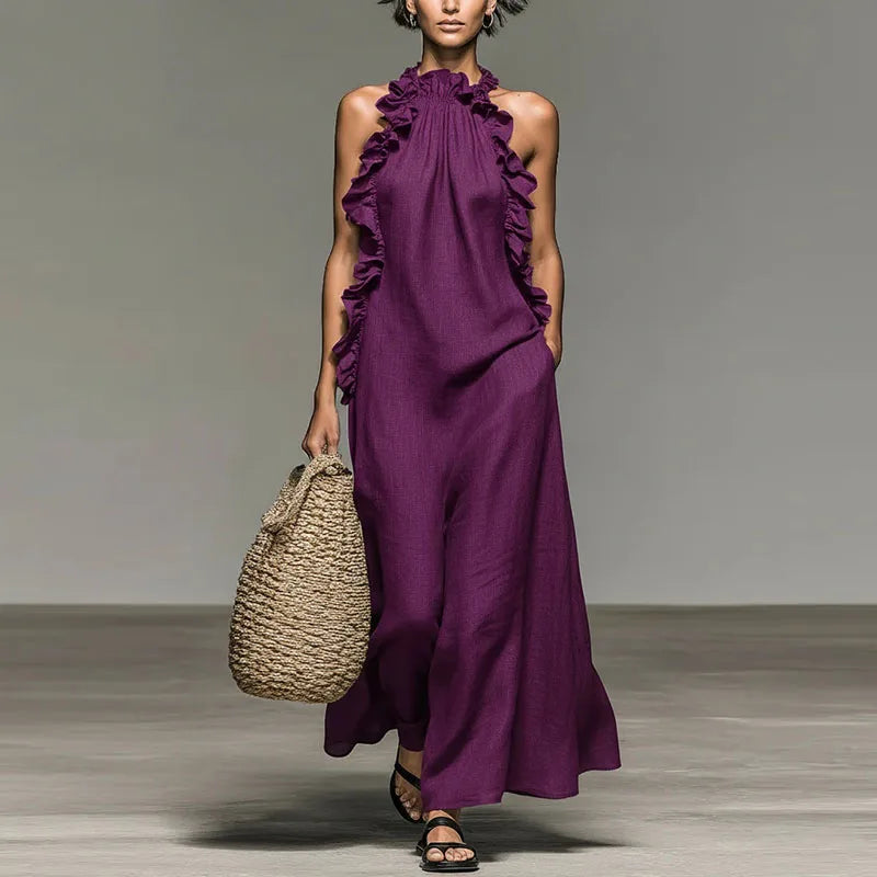 Vestido Largo Bohemio con Cuello Halter y Volantes