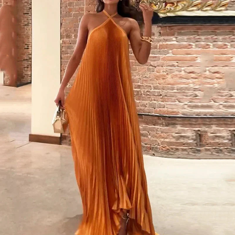 Mira - Vestido Maxi con Cuello Halter Plisado Chic