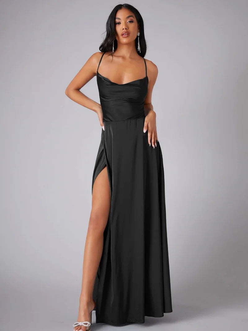 Vestido Maxi de Noche con Tirantes de Espagueti para Mujeres con Alta Rendija