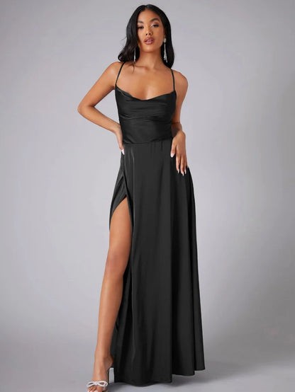 Vestido Maxi de Noche con Tirantes de Espagueti para Mujeres con Alta Rendija