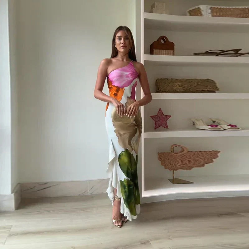 Ismena - Elegante Vestido Maxi Floral con Cuello Asimétrico