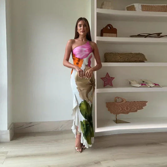 Ismena - Elegante Vestido Maxi Floral con Cuello Asimétrico